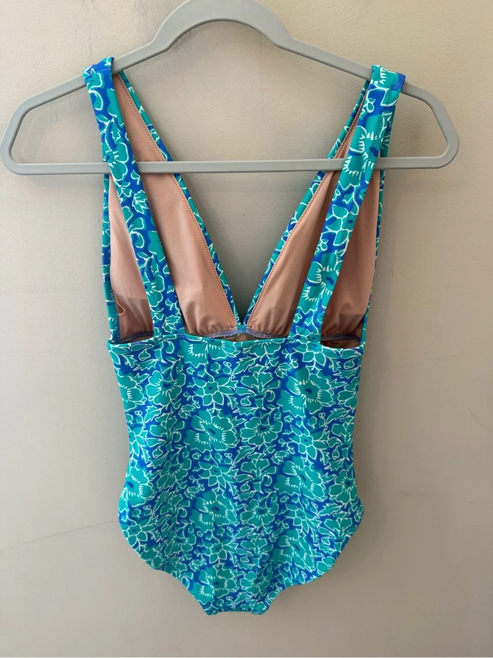 J. Crew Ruched V-Neck One-Piece Swimsuit green blue print size S